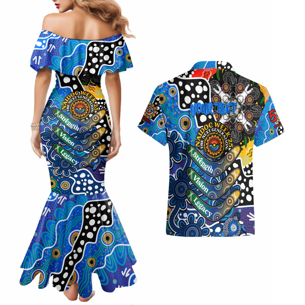 Personalised Cats AFL Celebrating 50 Years of Naidoc Couples Matching Mermaid Dress and Hawaiian Shirt NAIDOC Week 2025 Aboriginal