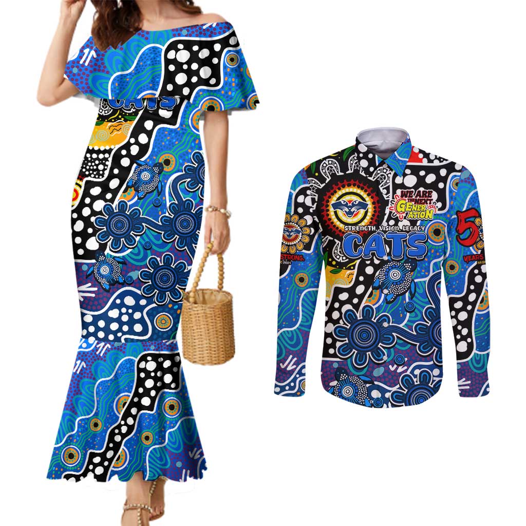 Personalised Cats AFL Celebrating 50 Years of Naidoc Couples Matching Mermaid Dress and Long Sleeve Button Shirt NAIDOC Week 2025 Aboriginal