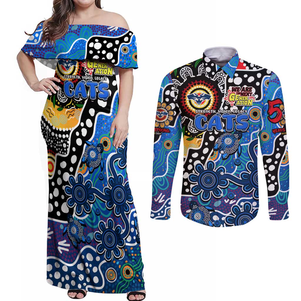 Personalised Cats AFL Celebrating 50 Years of Naidoc Couples Matching Off Shoulder Maxi Dress and Long Sleeve Button Shirt NAIDOC Week 2025 Aboriginal