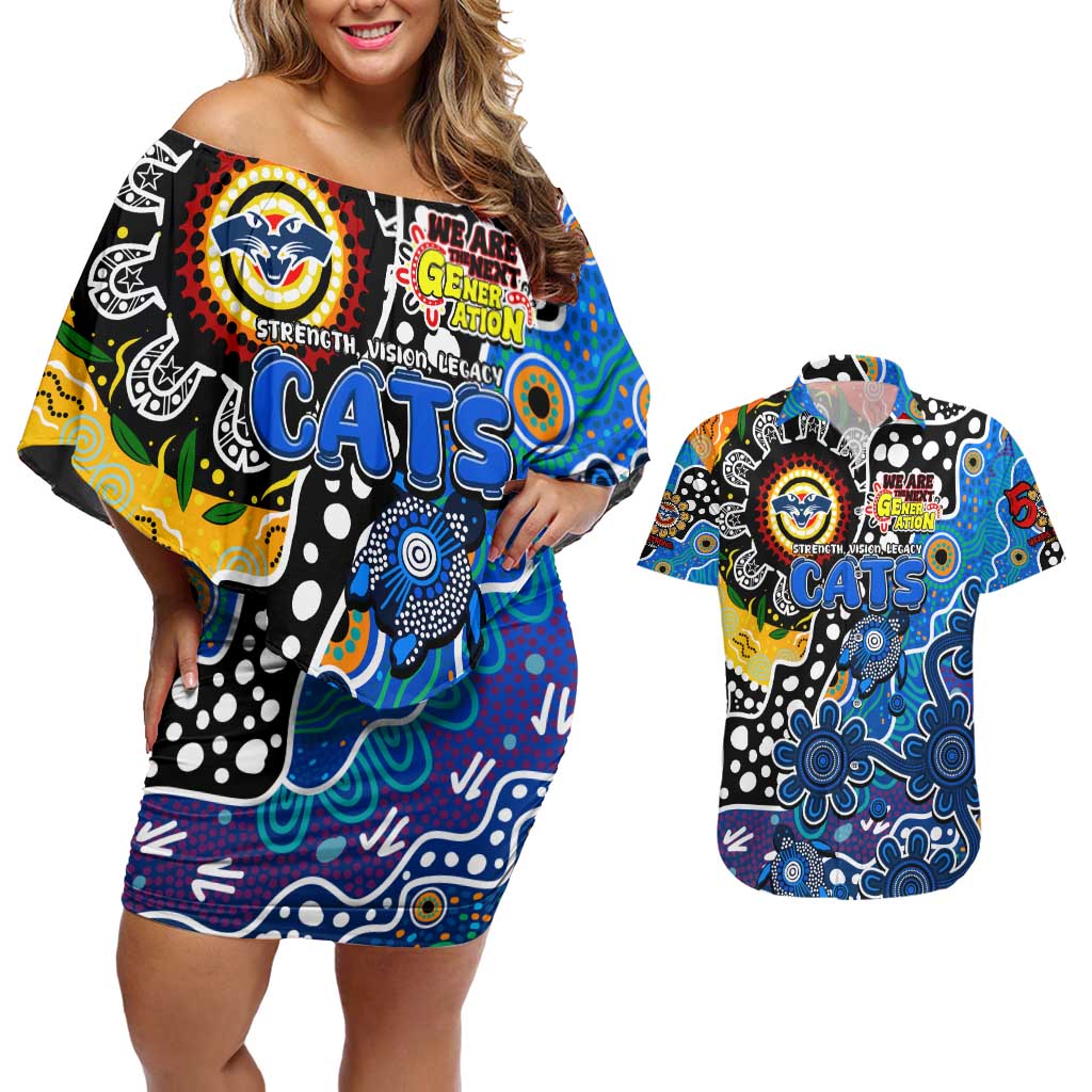 Personalised Cats AFL Celebrating 50 Years of Naidoc Couples Matching Off Shoulder Short Dress and Hawaiian Shirt NAIDOC Week 2025 Aboriginal