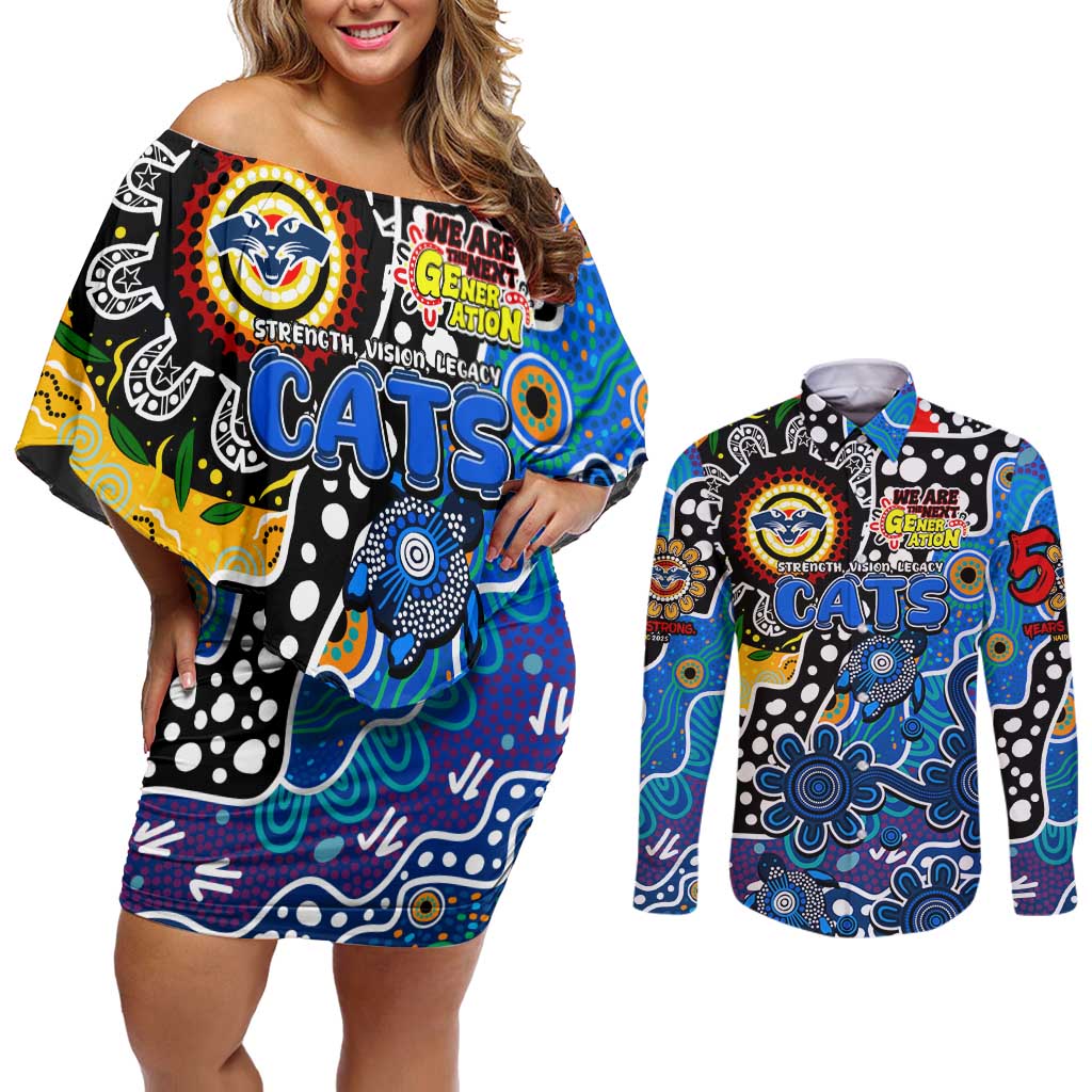Personalised Cats AFL Celebrating 50 Years of Naidoc Couples Matching Off Shoulder Short Dress and Long Sleeve Button Shirt NAIDOC Week 2025 Aboriginal