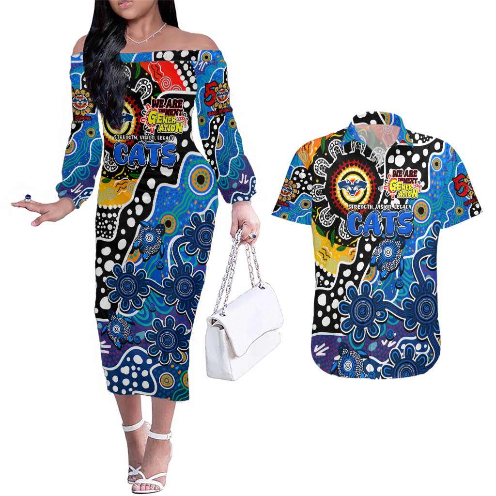 Personalised Cats AFL Celebrating 50 Years of Naidoc Couples Matching Off The Shoulder Long Sleeve Dress and Hawaiian Shirt NAIDOC Week 2025 Aboriginal