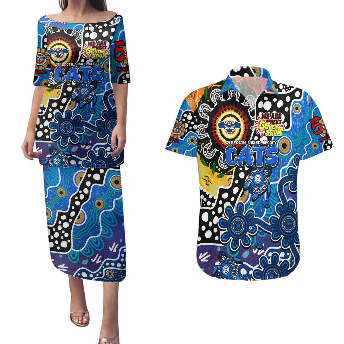Personalised Cats AFL Celebrating 50 Years of Naidoc Couples Matching Puletasi and Hawaiian Shirt NAIDOC Week 2025 Aboriginal
