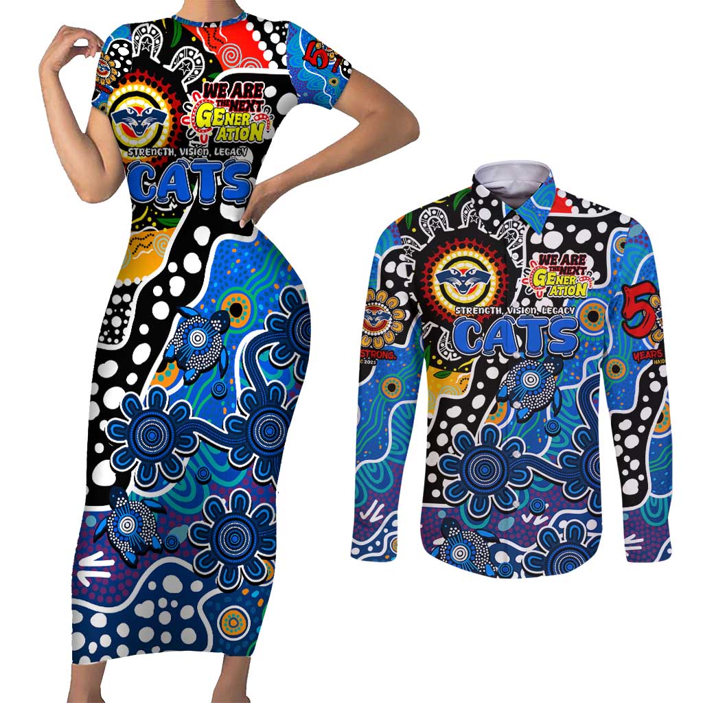 Personalised Cats AFL Celebrating 50 Years of Naidoc Couples Matching Short Sleeve Bodycon Dress and Long Sleeve Button Shirt NAIDOC Week 2025 Aboriginal