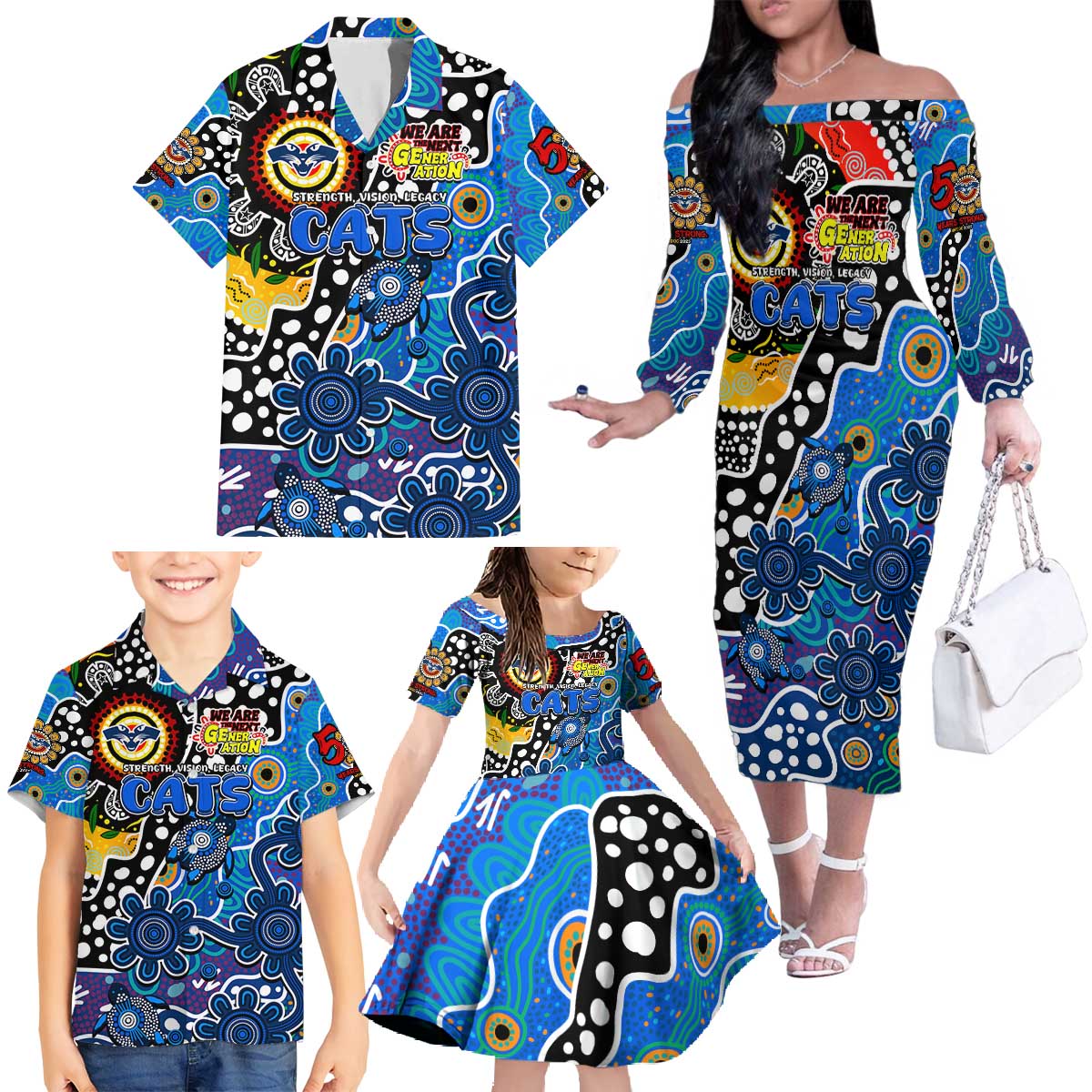Personalised Cats AFL Celebrating 50 Years of Naidoc Family Matching Off The Shoulder Long Sleeve Dress and Hawaiian Shirt NAIDOC Week 2025 Aboriginal