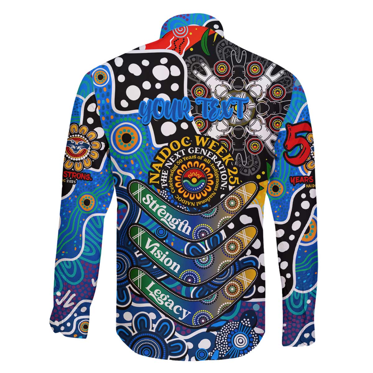 Personalised Cats AFL Celebrating 50 Years of Naidoc Family Matching Off The Shoulder Long Sleeve Dress and Hawaiian Shirt NAIDOC Week 2025 Aboriginal