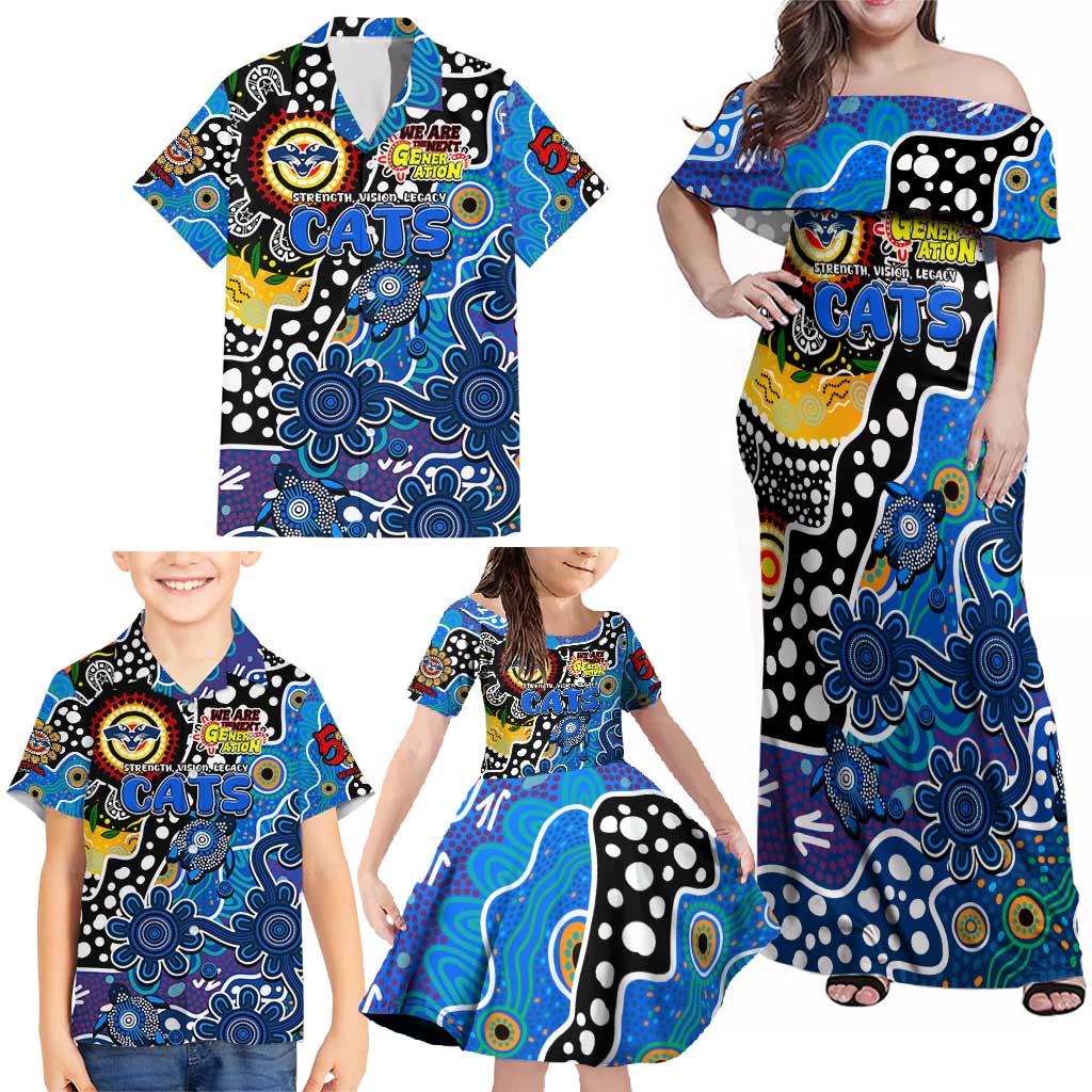 Personalised Cats AFL Celebrating 50 Years of Naidoc Family Matching Off Shoulder Maxi Dress and Hawaiian Shirt NAIDOC Week 2025 Aboriginal