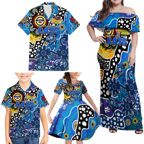 Personalised Cats AFL Celebrating 50 Years of Naidoc Family Matching Off Shoulder Maxi Dress and Hawaiian Shirt NAIDOC Week 2025 Aboriginal