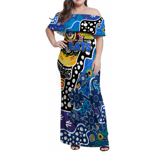 Personalised Cats AFL Celebrating 50 Years of Naidoc Family Matching Off Shoulder Maxi Dress and Hawaiian Shirt NAIDOC Week 2025 Aboriginal