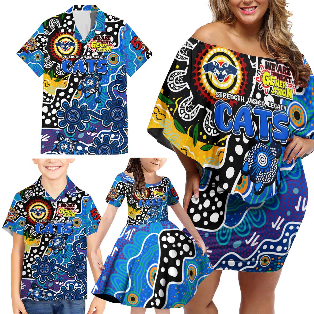 Personalised Cats AFL Celebrating 50 Years of Naidoc Family Matching Off Shoulder Short Dress and Hawaiian Shirt NAIDOC Week 2025 Aboriginal