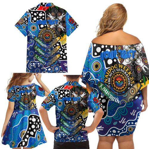 Personalised Cats AFL Celebrating 50 Years of Naidoc Family Matching Off Shoulder Short Dress and Hawaiian Shirt NAIDOC Week 2025 Aboriginal