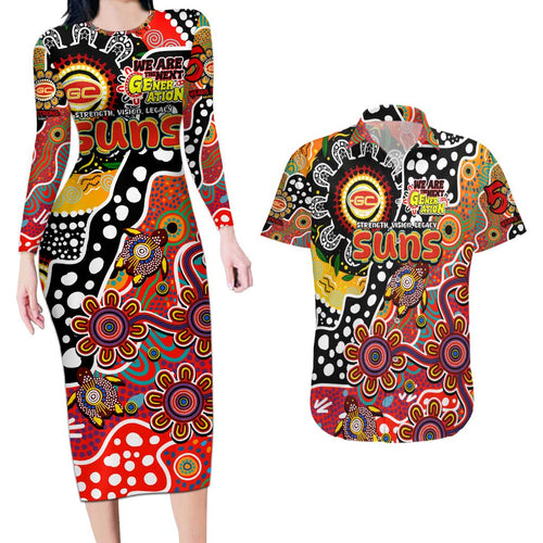 Personalised Suns AFL Celebrating 50 Years of Naidoc Couples Matching Long Sleeve Bodycon Dress and Hawaiian Shirt NAIDOC Week 2025 Aboriginal