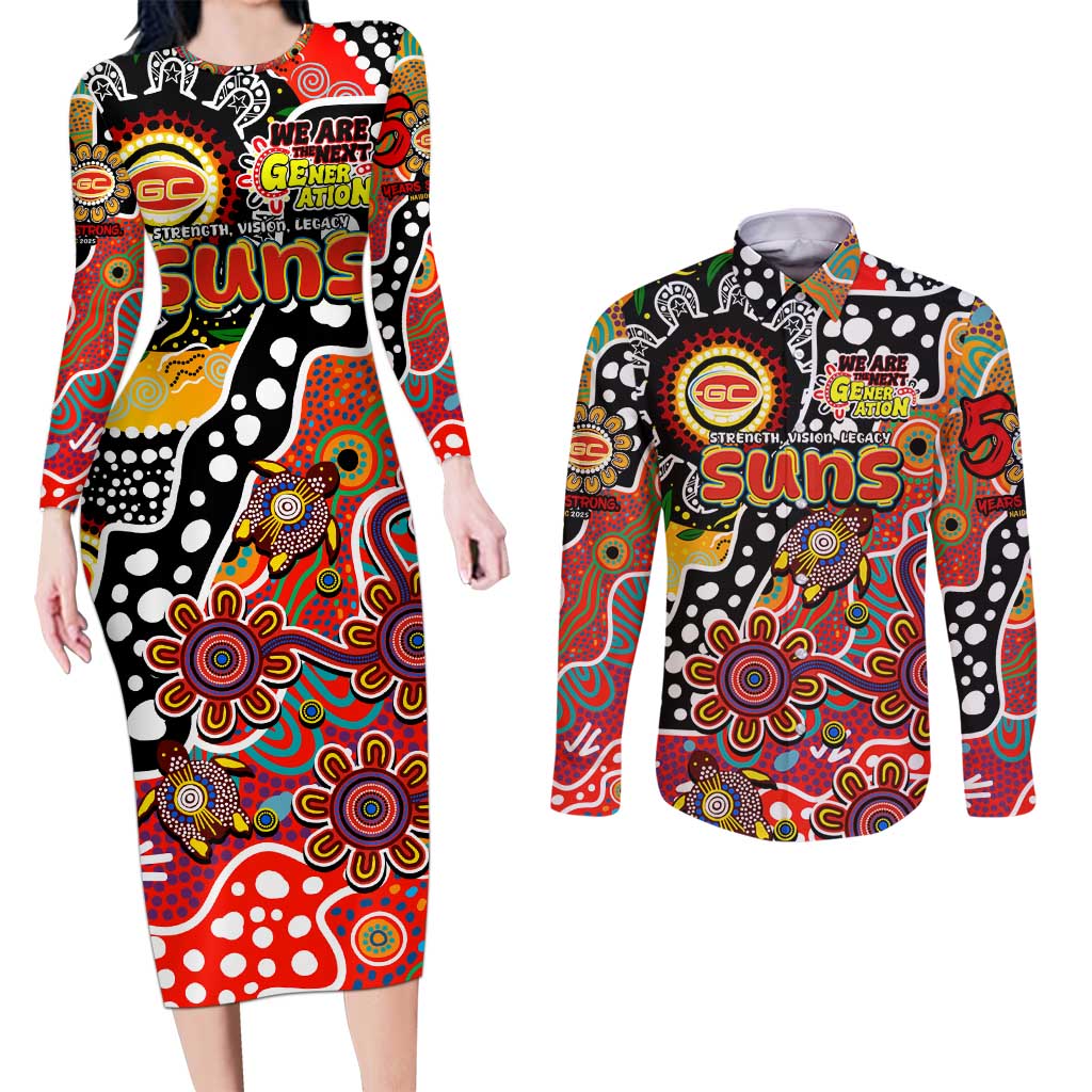 Personalised Suns AFL Celebrating 50 Years of Naidoc Couples Matching Long Sleeve Bodycon Dress and Long Sleeve Button Shirt NAIDOC Week 2025 Aboriginal