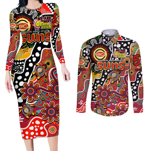 Personalised Suns AFL Celebrating 50 Years of Naidoc Couples Matching Long Sleeve Bodycon Dress and Long Sleeve Button Shirt NAIDOC Week 2025 Aboriginal