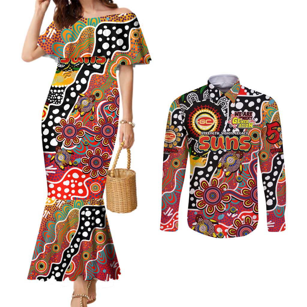 Personalised Suns AFL Celebrating 50 Years of Naidoc Couples Matching Mermaid Dress and Long Sleeve Button Shirt NAIDOC Week 2025 Aboriginal