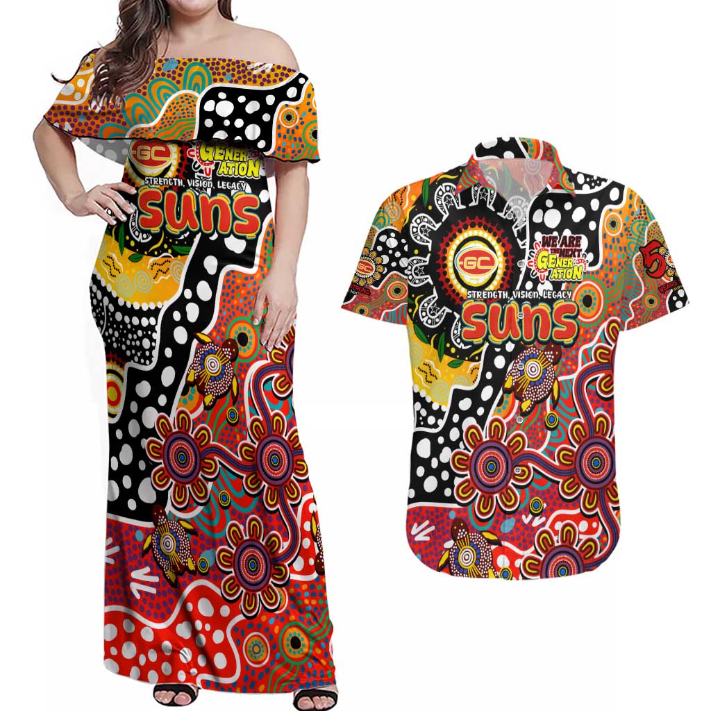 Personalised Suns AFL Celebrating 50 Years of Naidoc Couples Matching Off Shoulder Maxi Dress and Hawaiian Shirt NAIDOC Week 2025 Aboriginal