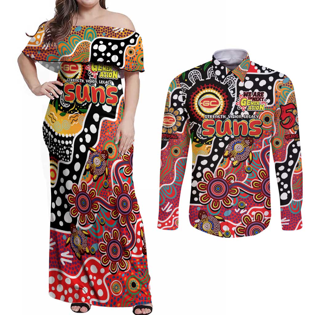 Personalised Suns AFL Celebrating 50 Years of Naidoc Couples Matching Off Shoulder Maxi Dress and Long Sleeve Button Shirt NAIDOC Week 2025 Aboriginal