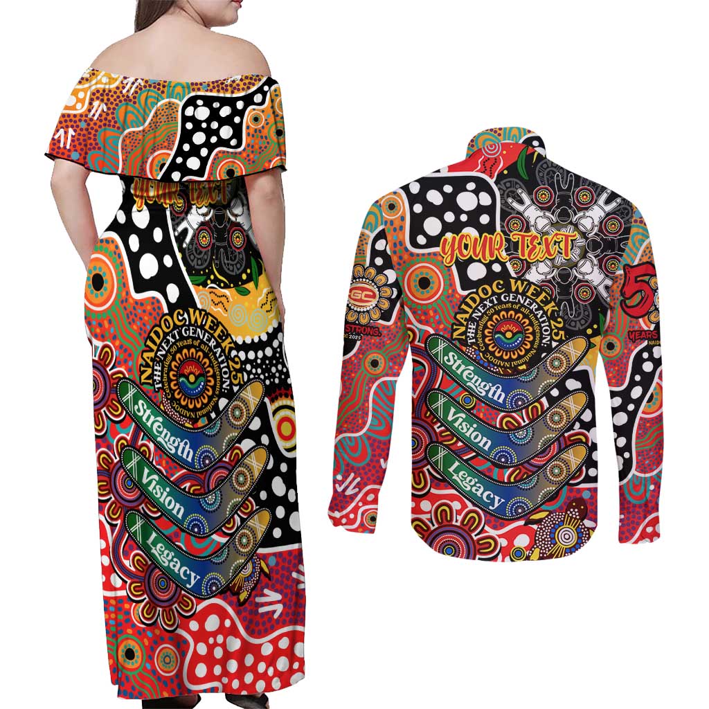 Personalised Suns AFL Celebrating 50 Years of Naidoc Couples Matching Off Shoulder Maxi Dress and Long Sleeve Button Shirt NAIDOC Week 2025 Aboriginal