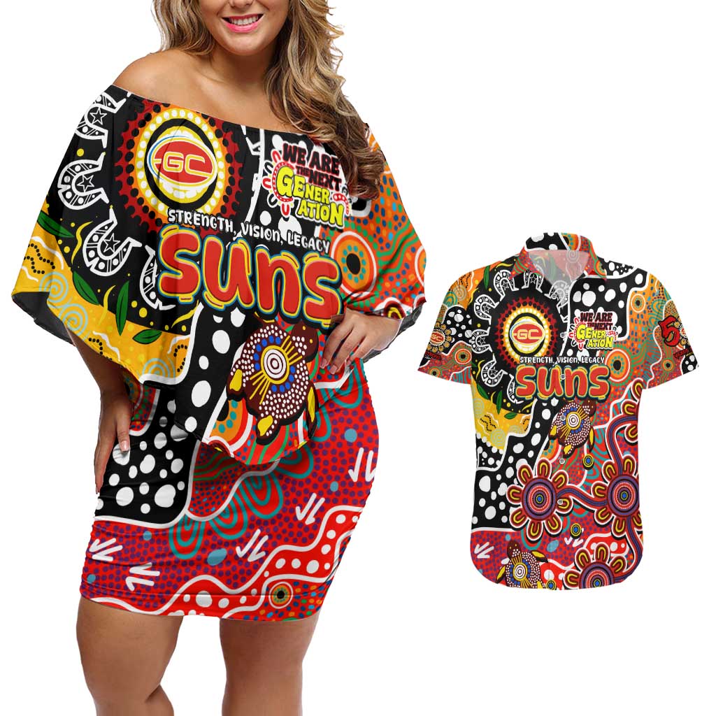 Personalised Suns AFL Celebrating 50 Years of Naidoc Couples Matching Off Shoulder Short Dress and Hawaiian Shirt NAIDOC Week 2025 Aboriginal