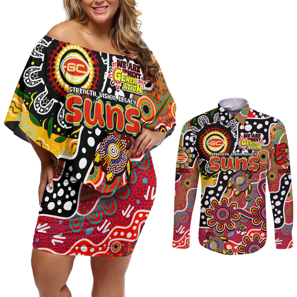 Personalised Suns AFL Celebrating 50 Years of Naidoc Couples Matching Off Shoulder Short Dress and Long Sleeve Button Shirt NAIDOC Week 2025 Aboriginal