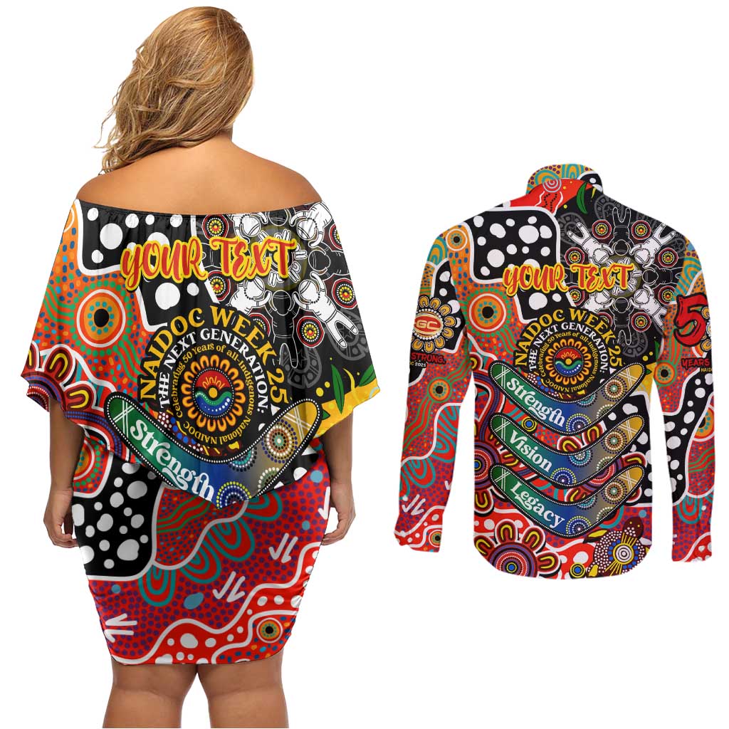 Personalised Suns AFL Celebrating 50 Years of Naidoc Couples Matching Off Shoulder Short Dress and Long Sleeve Button Shirt NAIDOC Week 2025 Aboriginal