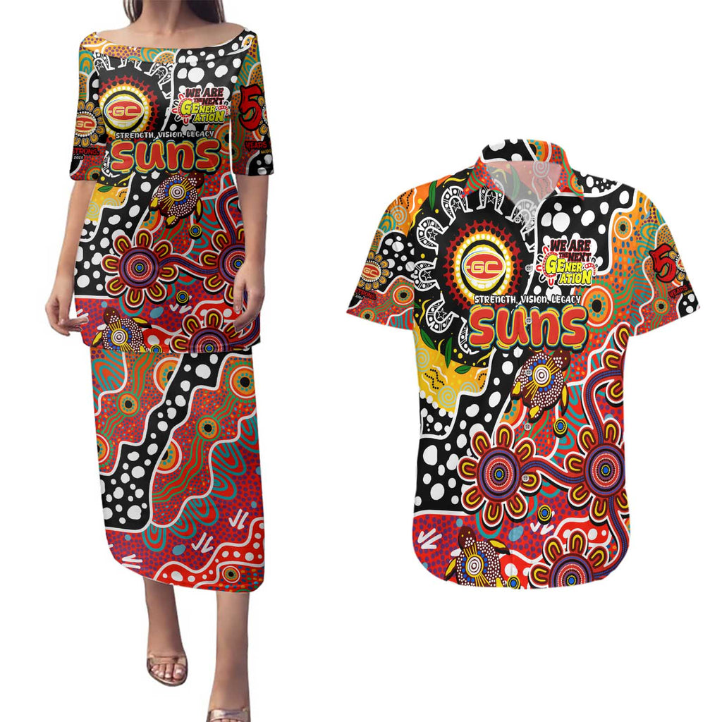 Personalised Suns AFL Celebrating 50 Years of Naidoc Couples Matching Puletasi and Hawaiian Shirt NAIDOC Week 2025 Aboriginal