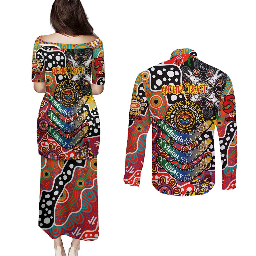 Personalised Suns AFL Celebrating 50 Years of Naidoc Couples Matching Puletasi and Long Sleeve Button Shirt NAIDOC Week 2025 Aboriginal