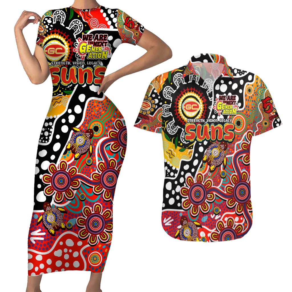 Personalised Suns AFL Celebrating 50 Years of Naidoc Couples Matching Short Sleeve Bodycon Dress and Hawaiian Shirt NAIDOC Week 2025 Aboriginal
