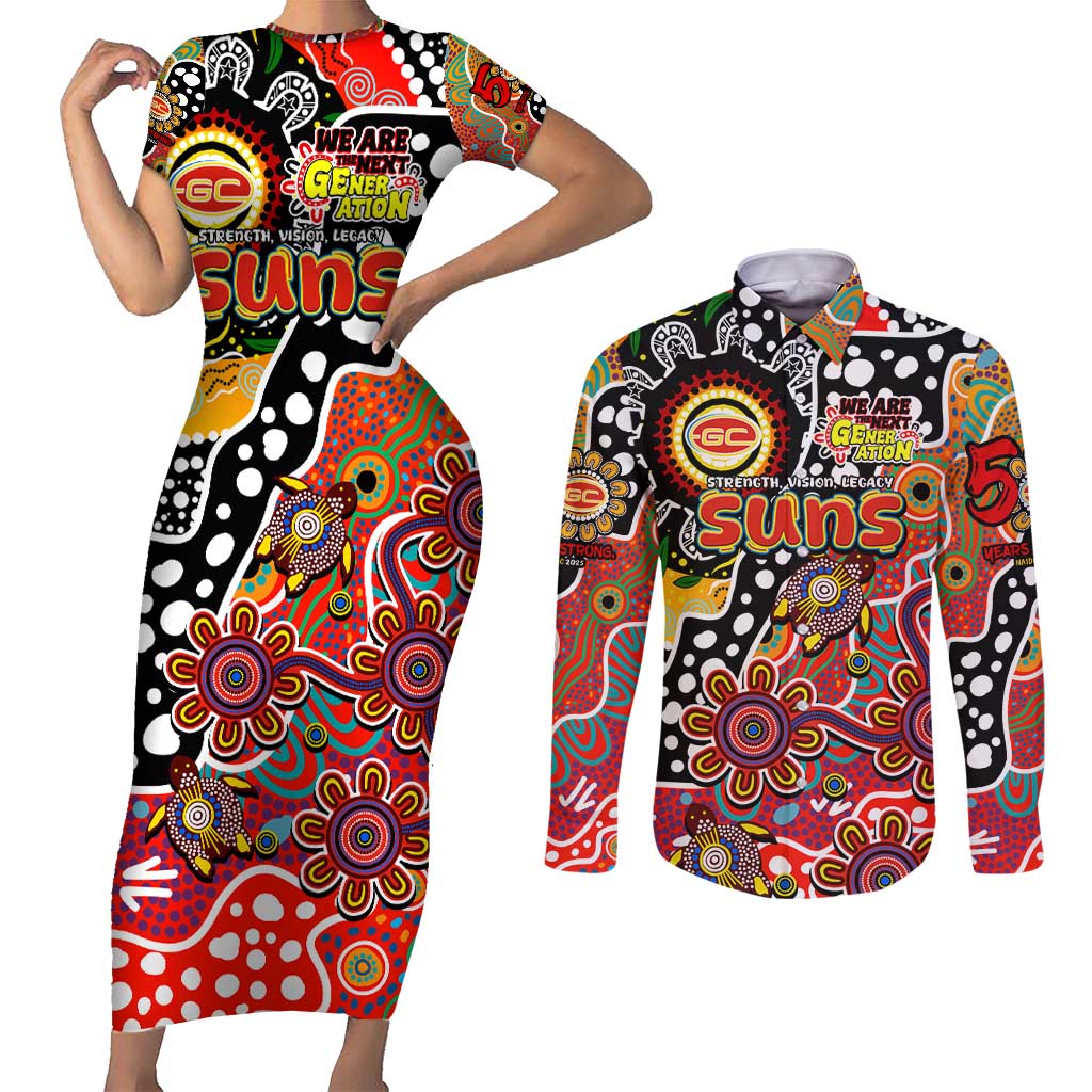 Personalised Suns AFL Celebrating 50 Years of Naidoc Couples Matching Short Sleeve Bodycon Dress and Long Sleeve Button Shirt NAIDOC Week 2025 Aboriginal