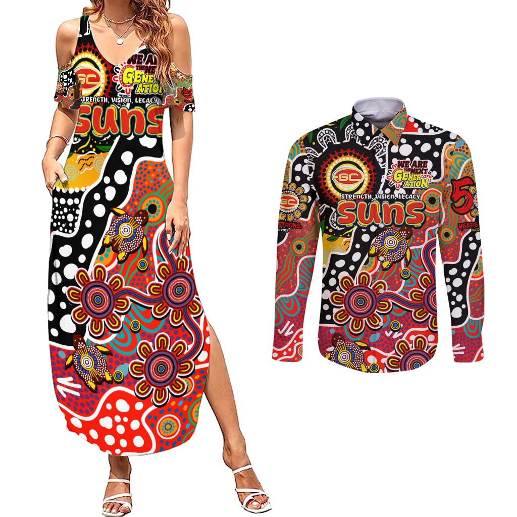 Personalised Suns AFL Celebrating 50 Years of Naidoc Couples Matching Summer Maxi Dress and Long Sleeve Button Shirt NAIDOC Week 2025 Aboriginal