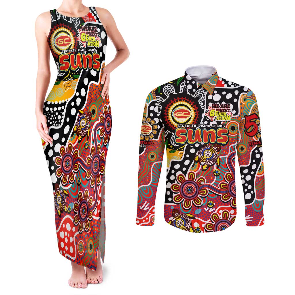 Personalised Suns AFL Celebrating 50 Years of Naidoc Couples Matching Tank Maxi Dress and Long Sleeve Button Shirt NAIDOC Week 2025 Aboriginal