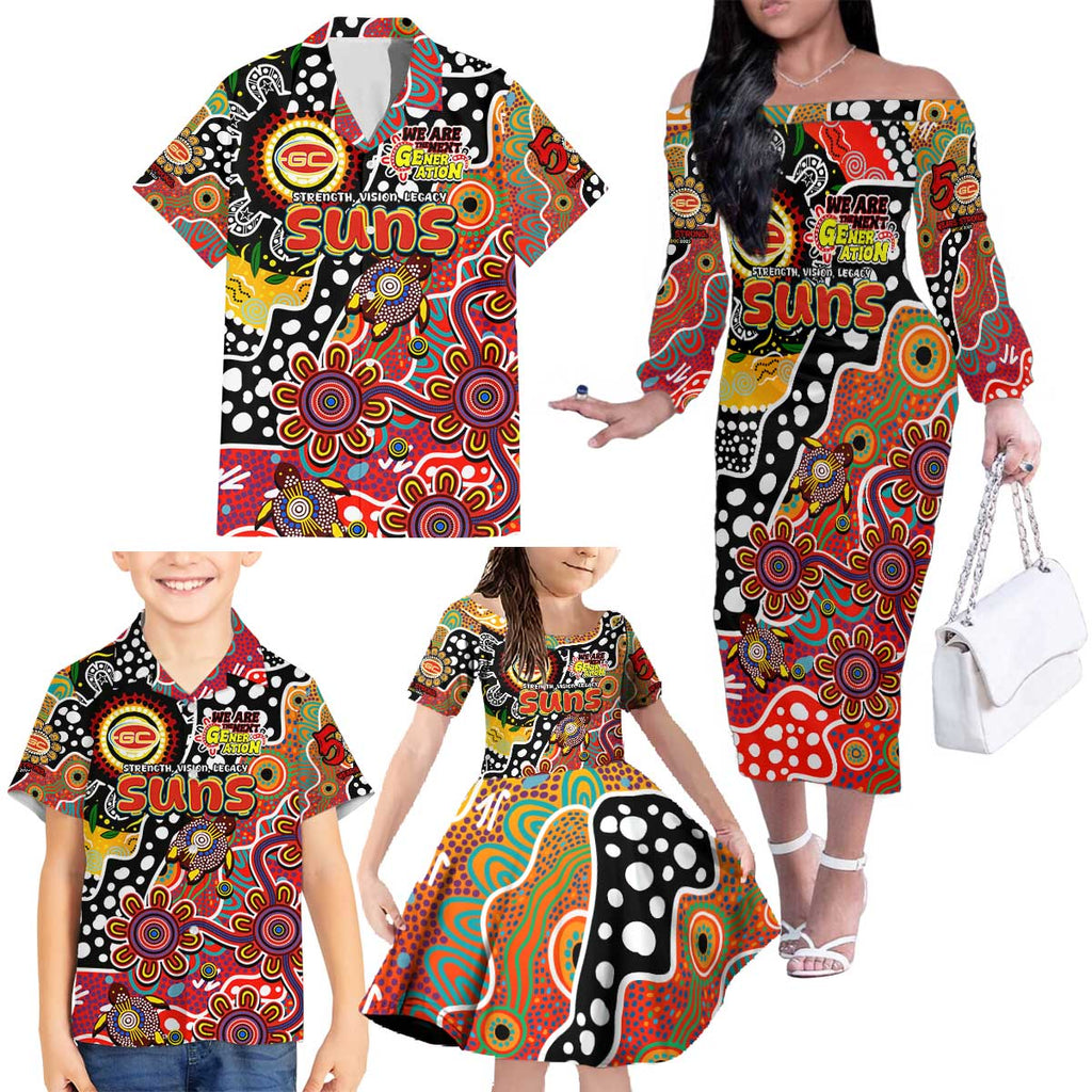 Personalised Suns AFL Celebrating 50 Years of Naidoc Family Matching Off The Shoulder Long Sleeve Dress and Hawaiian Shirt NAIDOC Week 2025 Aboriginal