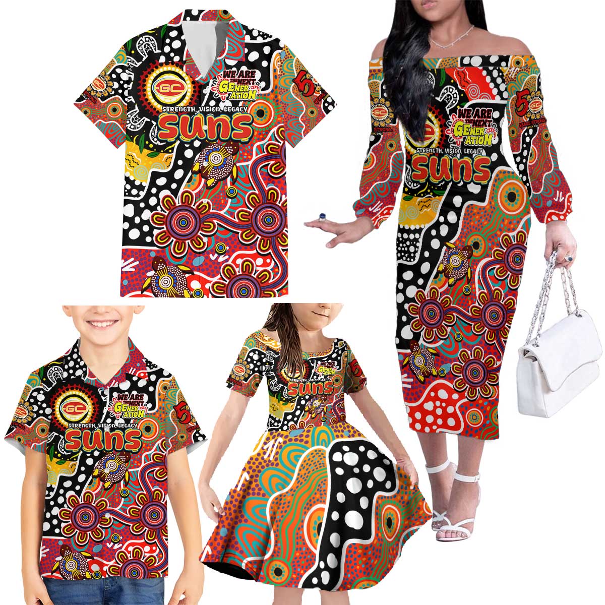 Personalised Suns AFL Celebrating 50 Years of Naidoc Family Matching Off The Shoulder Long Sleeve Dress and Hawaiian Shirt NAIDOC Week 2025 Aboriginal
