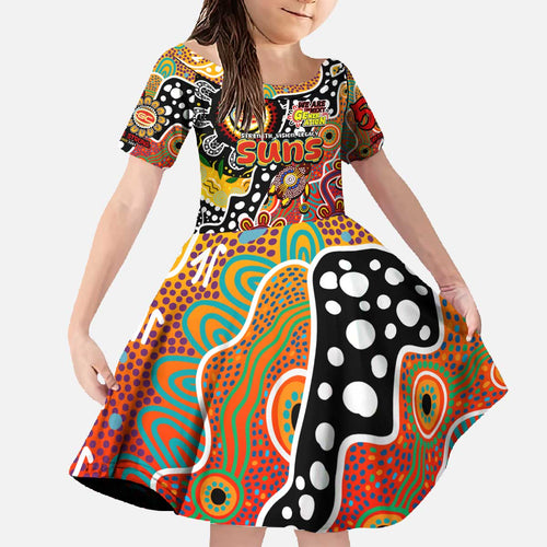 Personalised Suns AFL Celebrating 50 Years of Naidoc Family Matching Off The Shoulder Long Sleeve Dress and Hawaiian Shirt NAIDOC Week 2025 Aboriginal
