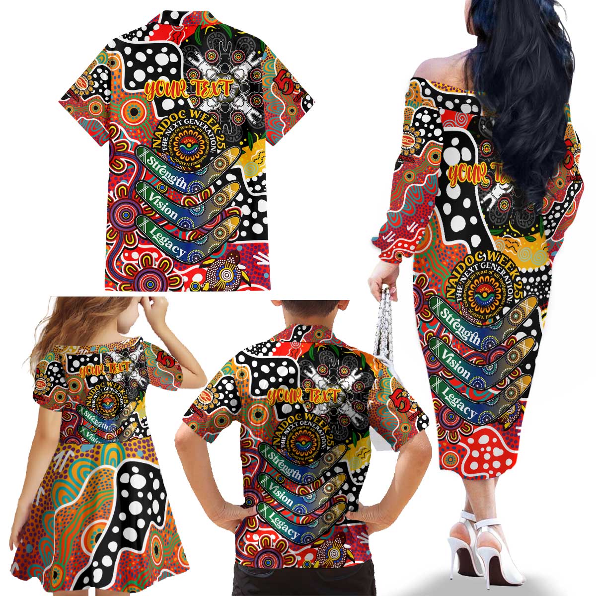 Personalised Suns AFL Celebrating 50 Years of Naidoc Family Matching Off The Shoulder Long Sleeve Dress and Hawaiian Shirt NAIDOC Week 2025 Aboriginal