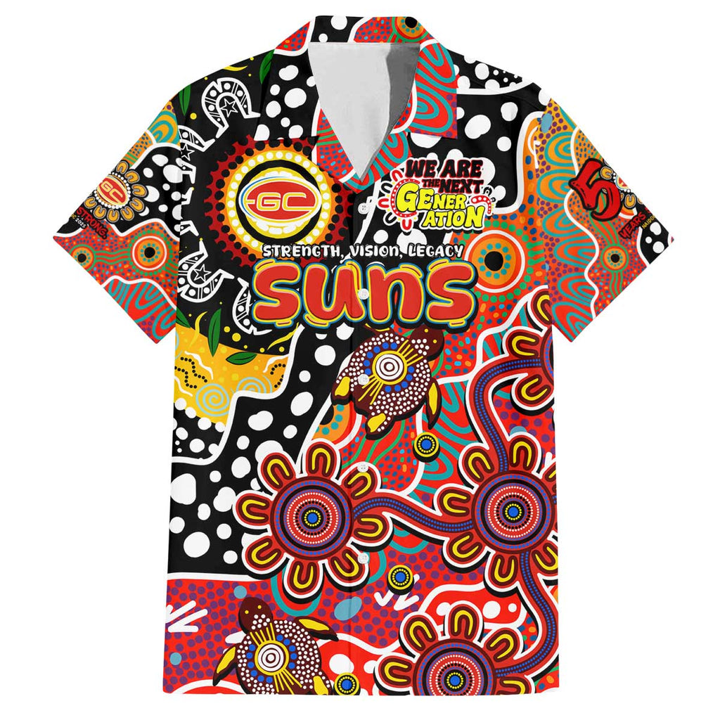 Personalised Suns AFL Celebrating 50 Years of Naidoc Family Matching Off The Shoulder Long Sleeve Dress and Hawaiian Shirt NAIDOC Week 2025 Aboriginal