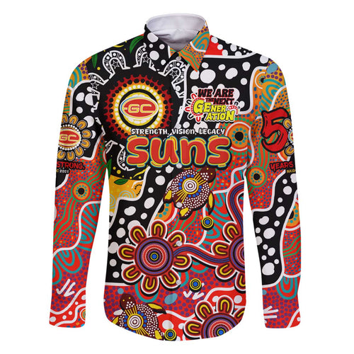 Personalised Suns AFL Celebrating 50 Years of Naidoc Family Matching Off The Shoulder Long Sleeve Dress and Hawaiian Shirt NAIDOC Week 2025 Aboriginal