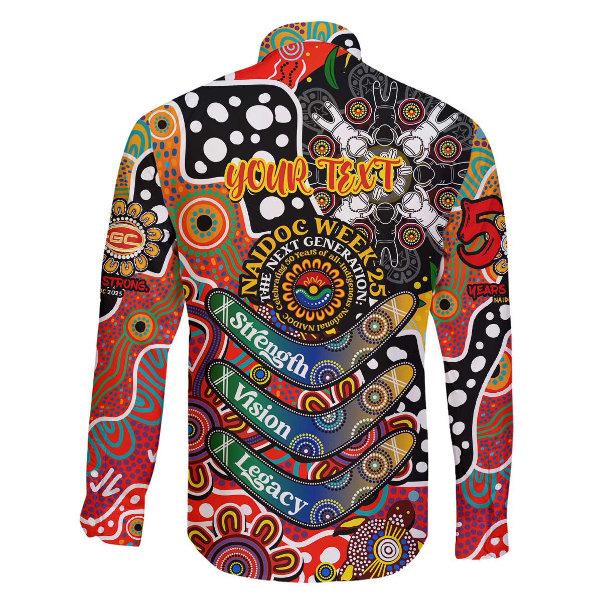 Personalised Suns AFL Celebrating 50 Years of Naidoc Family Matching Off The Shoulder Long Sleeve Dress and Hawaiian Shirt NAIDOC Week 2025 Aboriginal