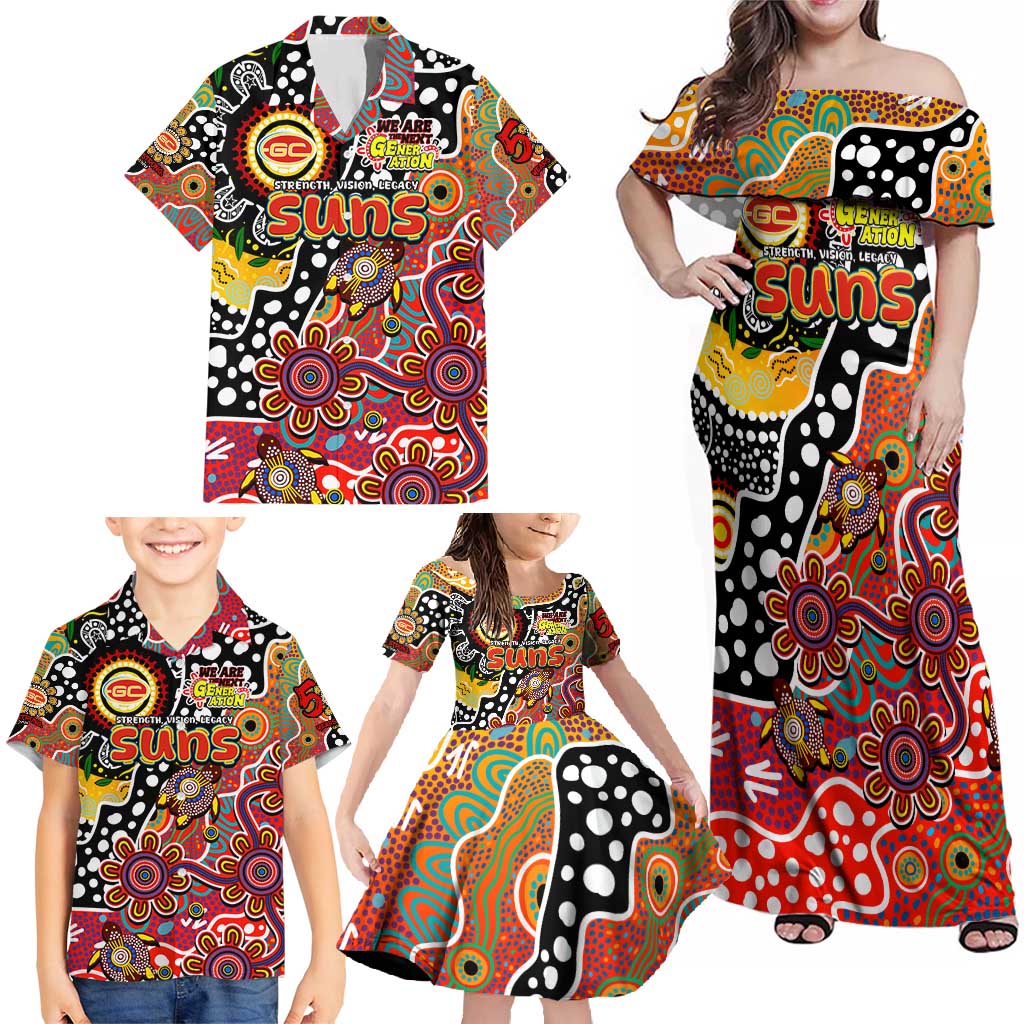 Personalised Suns AFL Celebrating 50 Years of Naidoc Family Matching Off Shoulder Maxi Dress and Hawaiian Shirt NAIDOC Week 2025 Aboriginal