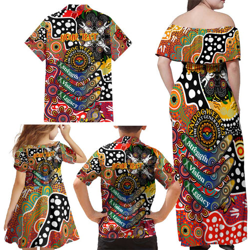 Personalised Suns AFL Celebrating 50 Years of Naidoc Family Matching Off Shoulder Maxi Dress and Hawaiian Shirt NAIDOC Week 2025 Aboriginal