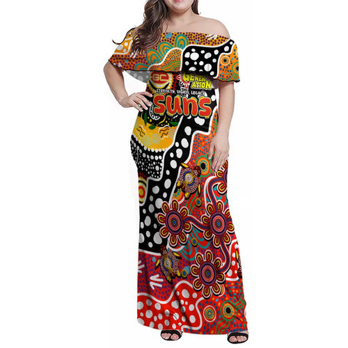 Personalised Suns AFL Celebrating 50 Years of Naidoc Family Matching Off Shoulder Maxi Dress and Hawaiian Shirt NAIDOC Week 2025 Aboriginal