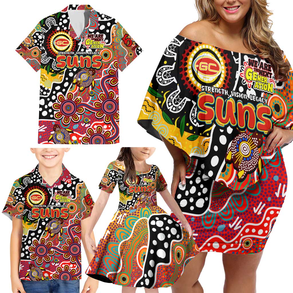 Personalised Suns AFL Celebrating 50 Years of Naidoc Family Matching Off Shoulder Short Dress and Hawaiian Shirt NAIDOC Week 2025 Aboriginal