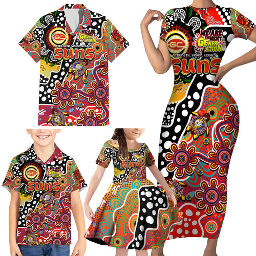 Personalised Suns AFL Celebrating 50 Years of Naidoc Family Matching Short Sleeve Bodycon Dress and Hawaiian Shirt NAIDOC Week 2025 Aboriginal