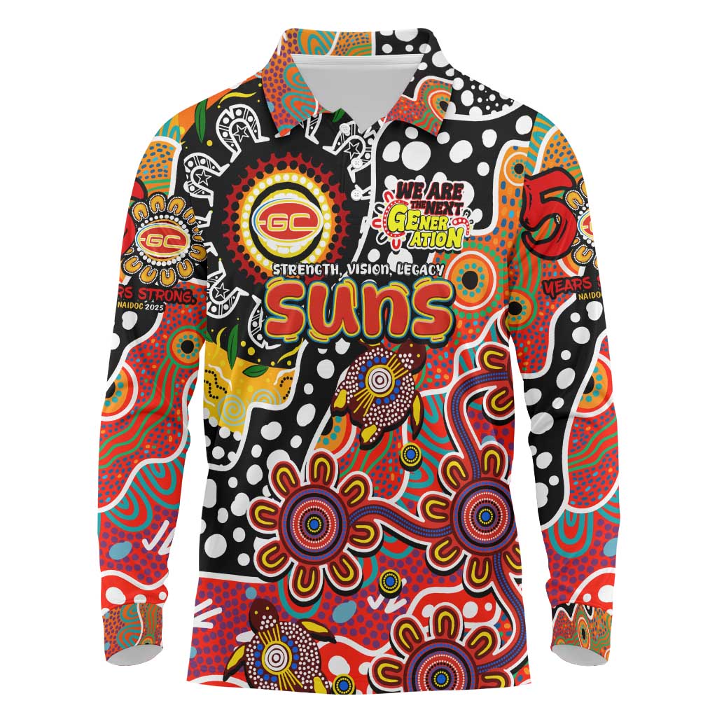 Personalised Suns AFL Celebrating 50 Years of Naidoc Long Sleeve Polo Shirt NAIDOC Week 2025 Aboriginal