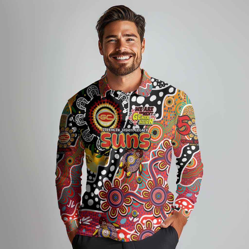 Personalised Suns AFL Celebrating 50 Years of Naidoc Long Sleeve Polo Shirt NAIDOC Week 2025 Aboriginal