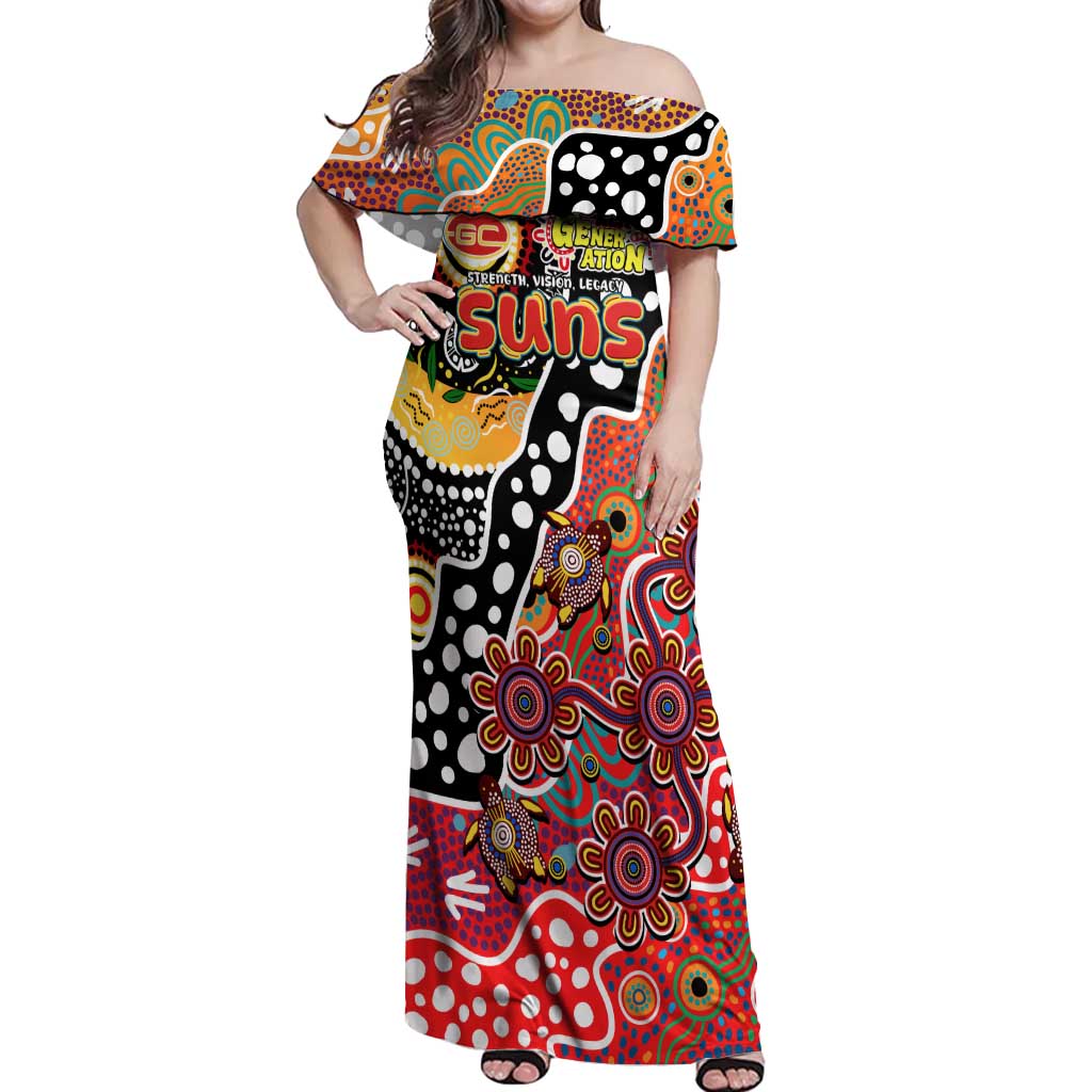 Personalised Suns AFL Celebrating 50 Years of Naidoc Off Shoulder Maxi Dress NAIDOC Week 2025 Aboriginal