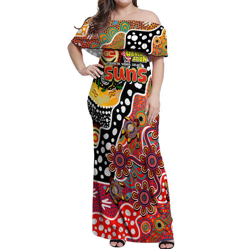 Personalised Suns AFL Celebrating 50 Years of Naidoc Off Shoulder Maxi Dress NAIDOC Week 2025 Aboriginal