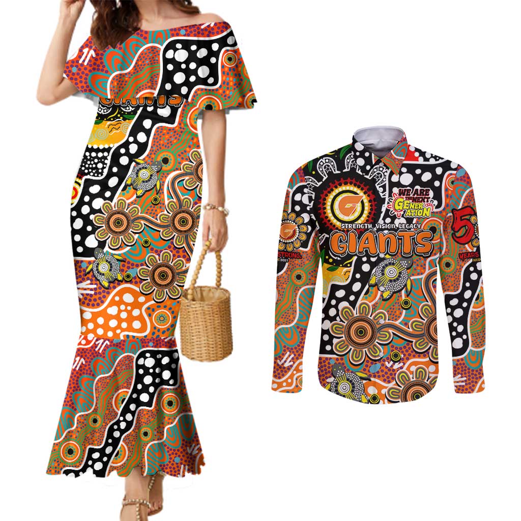Personalised Giants AFL Celebrating 50 Years of Naidoc Couples Matching Mermaid Dress and Long Sleeve Button Shirt NAIDOC Week 2025 Aboriginal