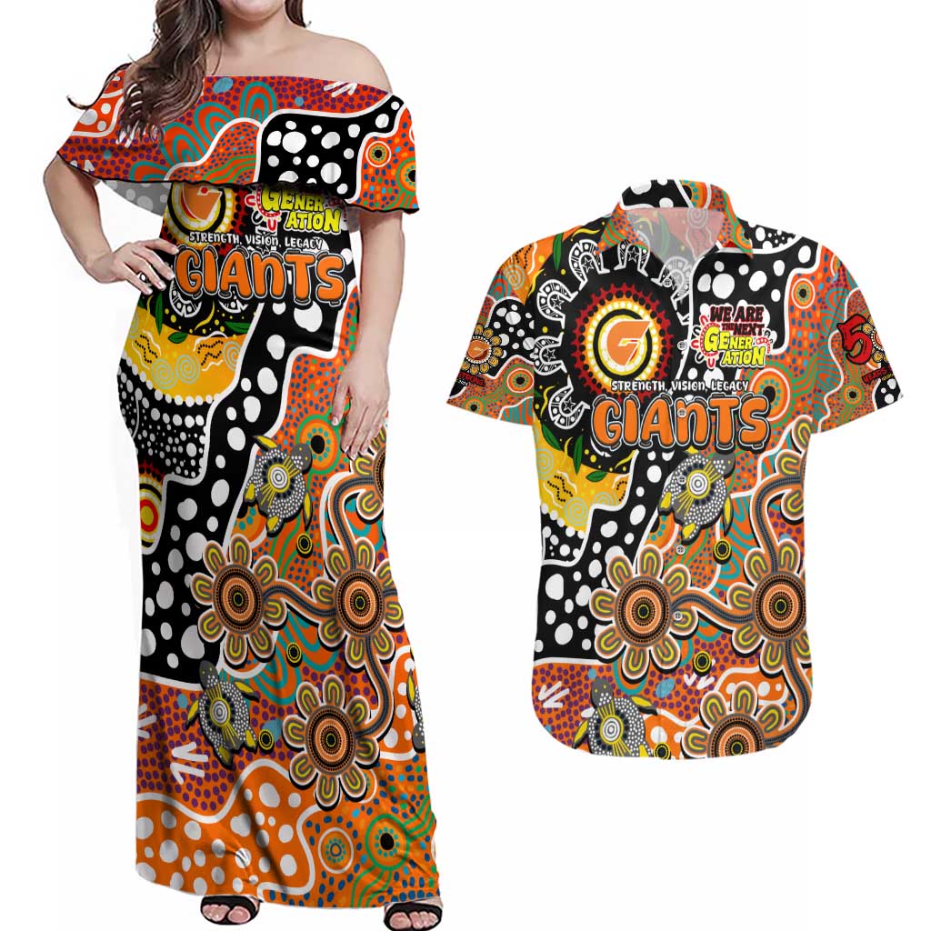 Personalised Giants AFL Celebrating 50 Years of Naidoc Couples Matching Off Shoulder Maxi Dress and Hawaiian Shirt NAIDOC Week 2025 Aboriginal
