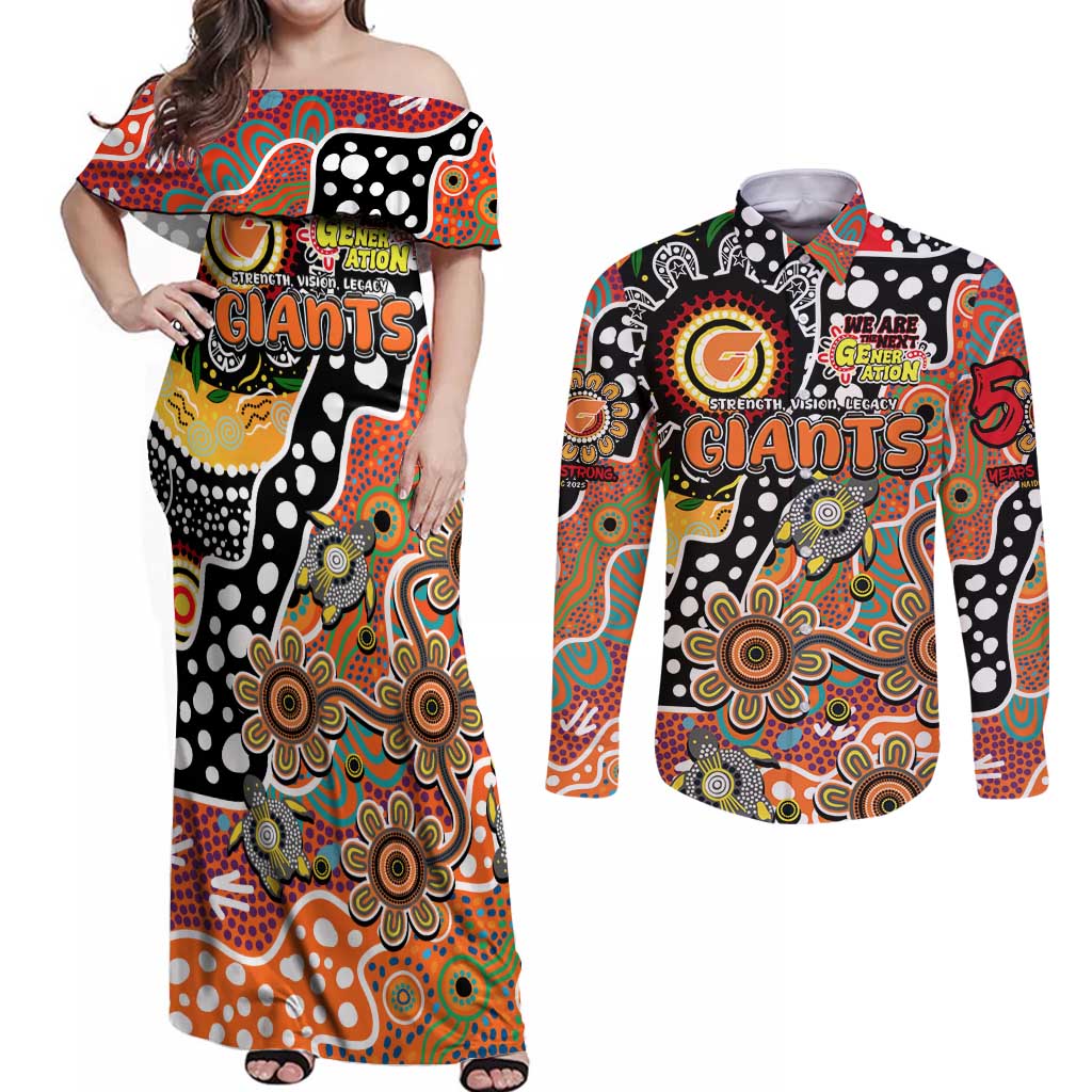 Personalised Giants AFL Celebrating 50 Years of Naidoc Couples Matching Off Shoulder Maxi Dress and Long Sleeve Button Shirt NAIDOC Week 2025 Aboriginal